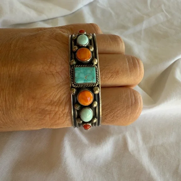 A. Jake Navajo Bracelet Turquoise & Coral Stone Sterling Silver Bracelet 7” NWOT - Picture 6 of 11